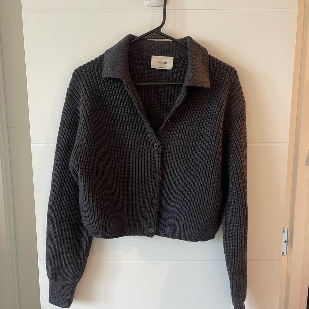Aritzia Wilfred Charcoal Gray Knit Cardigan - L, 100% Merino Wool